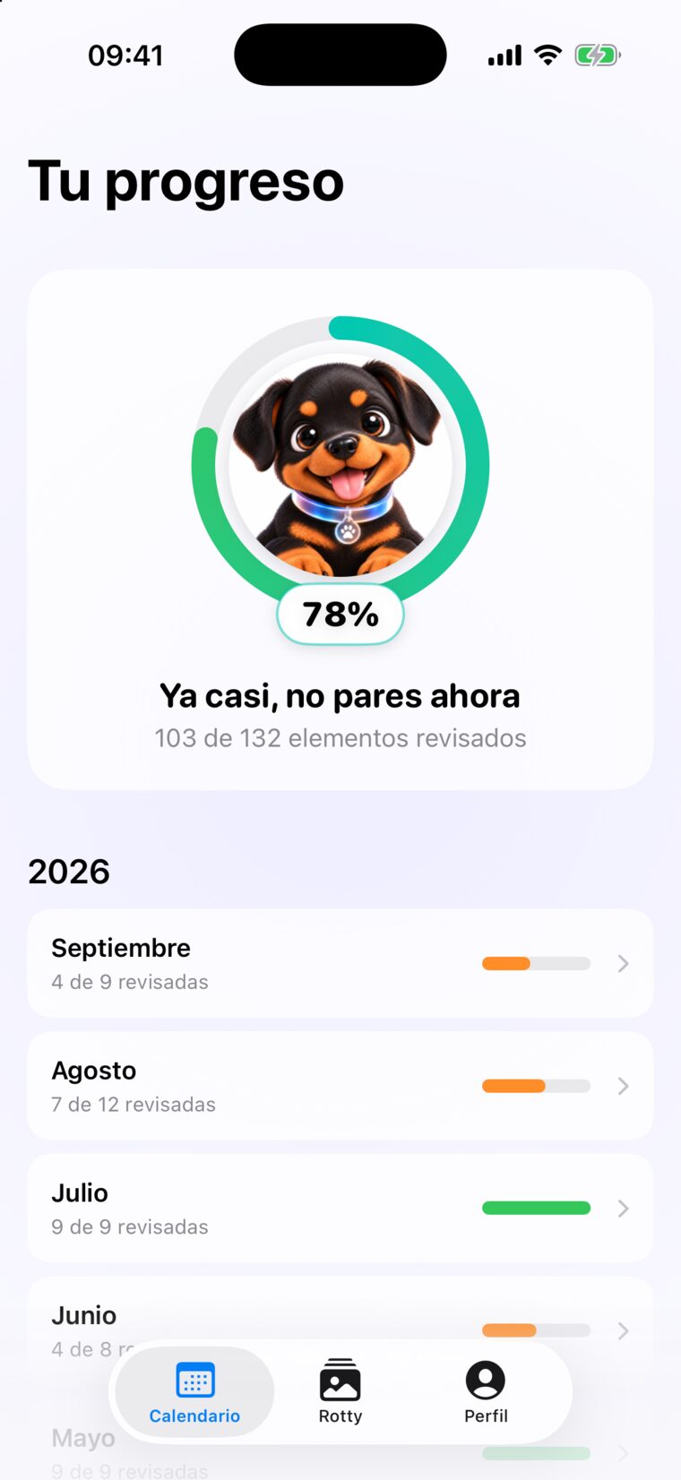 Calendario de progreso de Rotty con el cachorro contento al 78 %