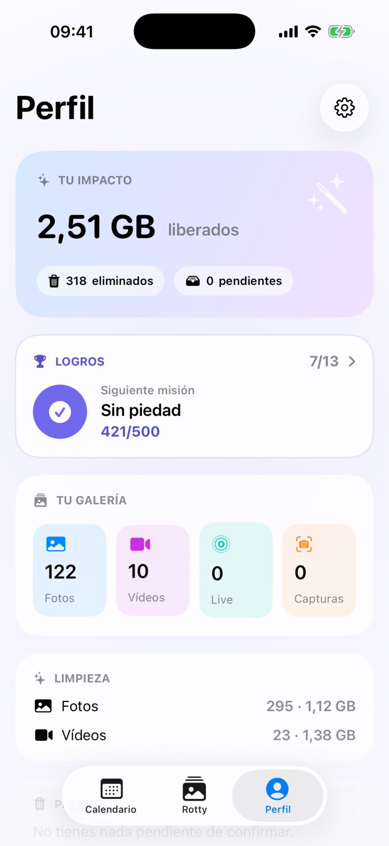 Perfil de Rotty con el espacio liberado, logros y composición de la galería
